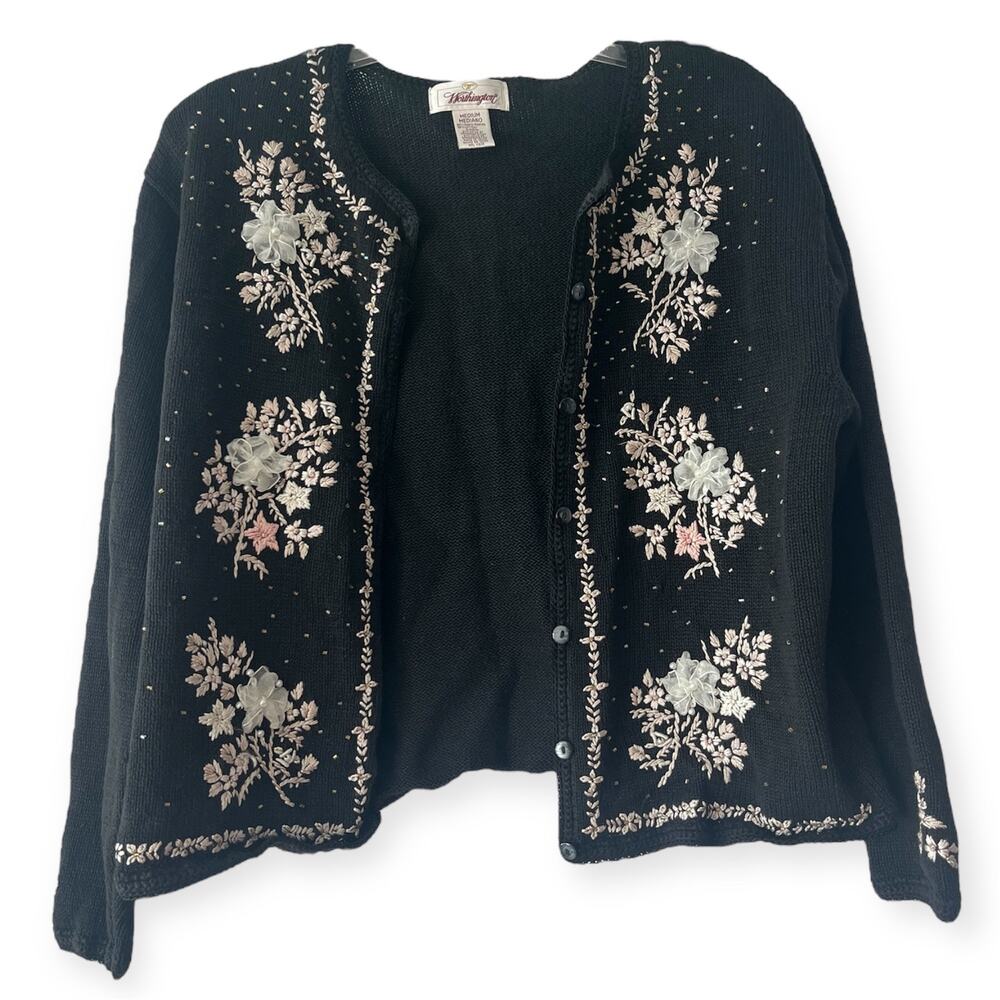 Worthington Black Floral Embroidered Beaded Knit Cardigan Grannycore Retro‎ Sz M